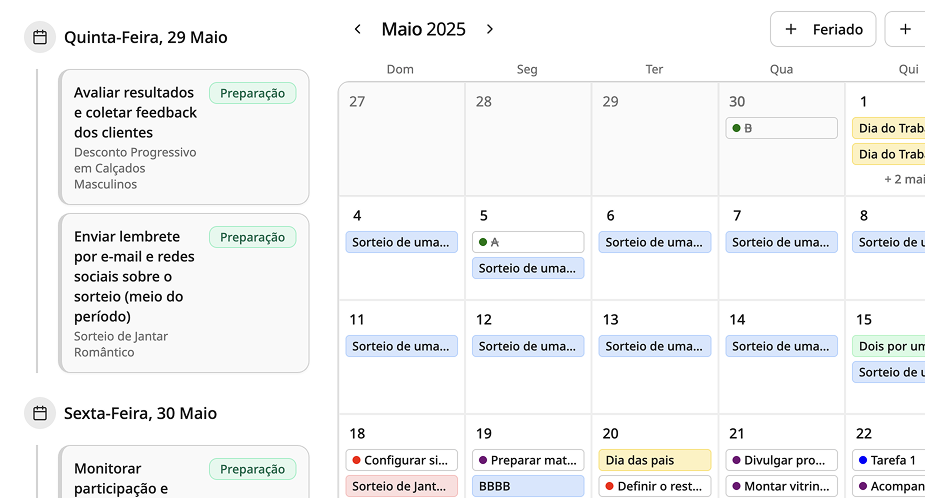 Interface do calendário promocional da Varevo mostrando datas e eventos